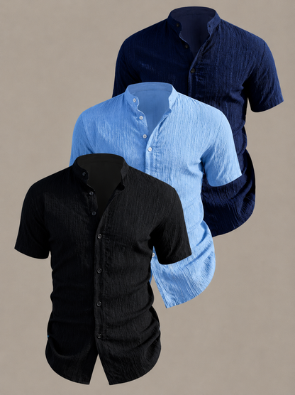 Men's Textured Stand Collar Shirt Set