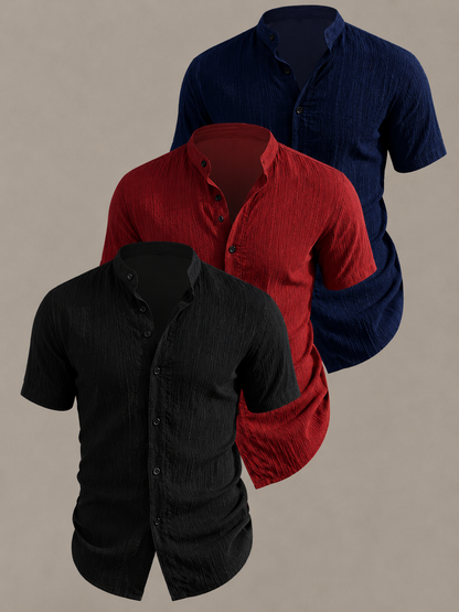 Men's Textured Stand Collar Shirt Set
