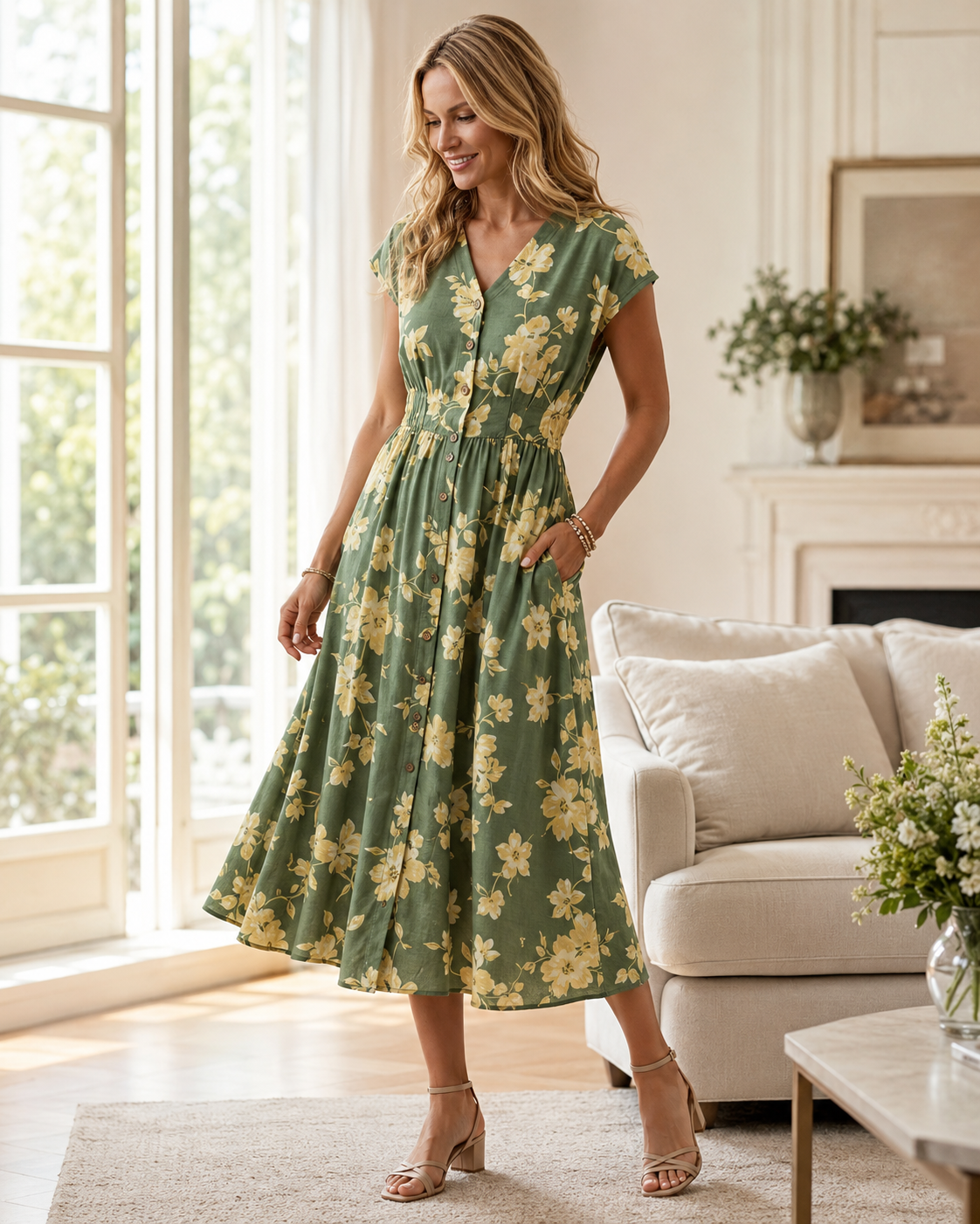 Women’s Floral Button-Front Midi Dress