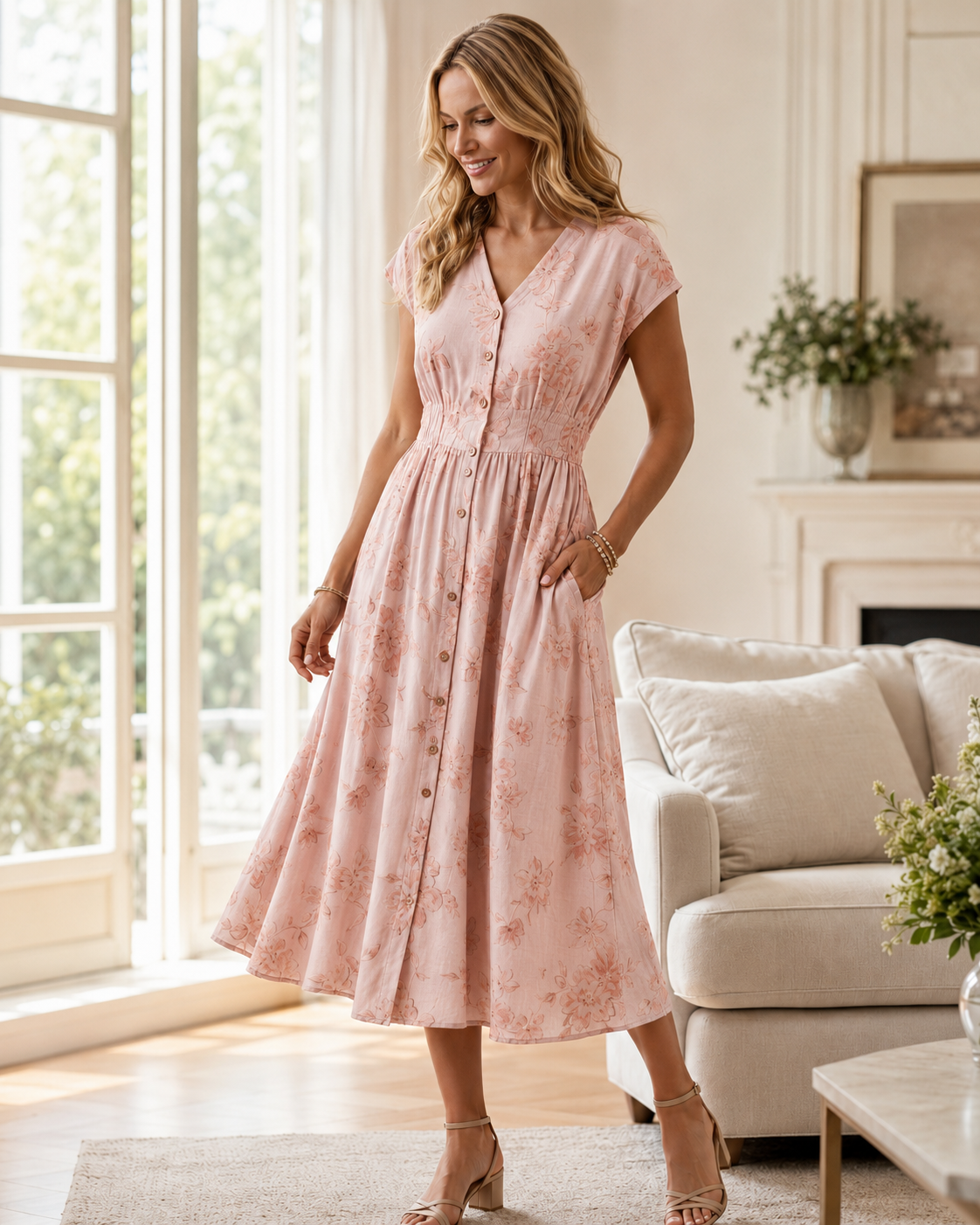 Women’s Floral Button-Front Midi Dress