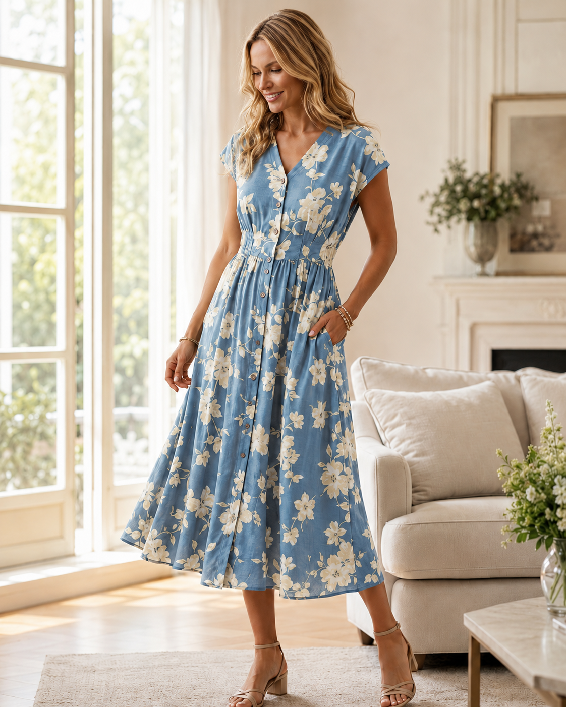 Women’s Floral Button-Front Midi Dress