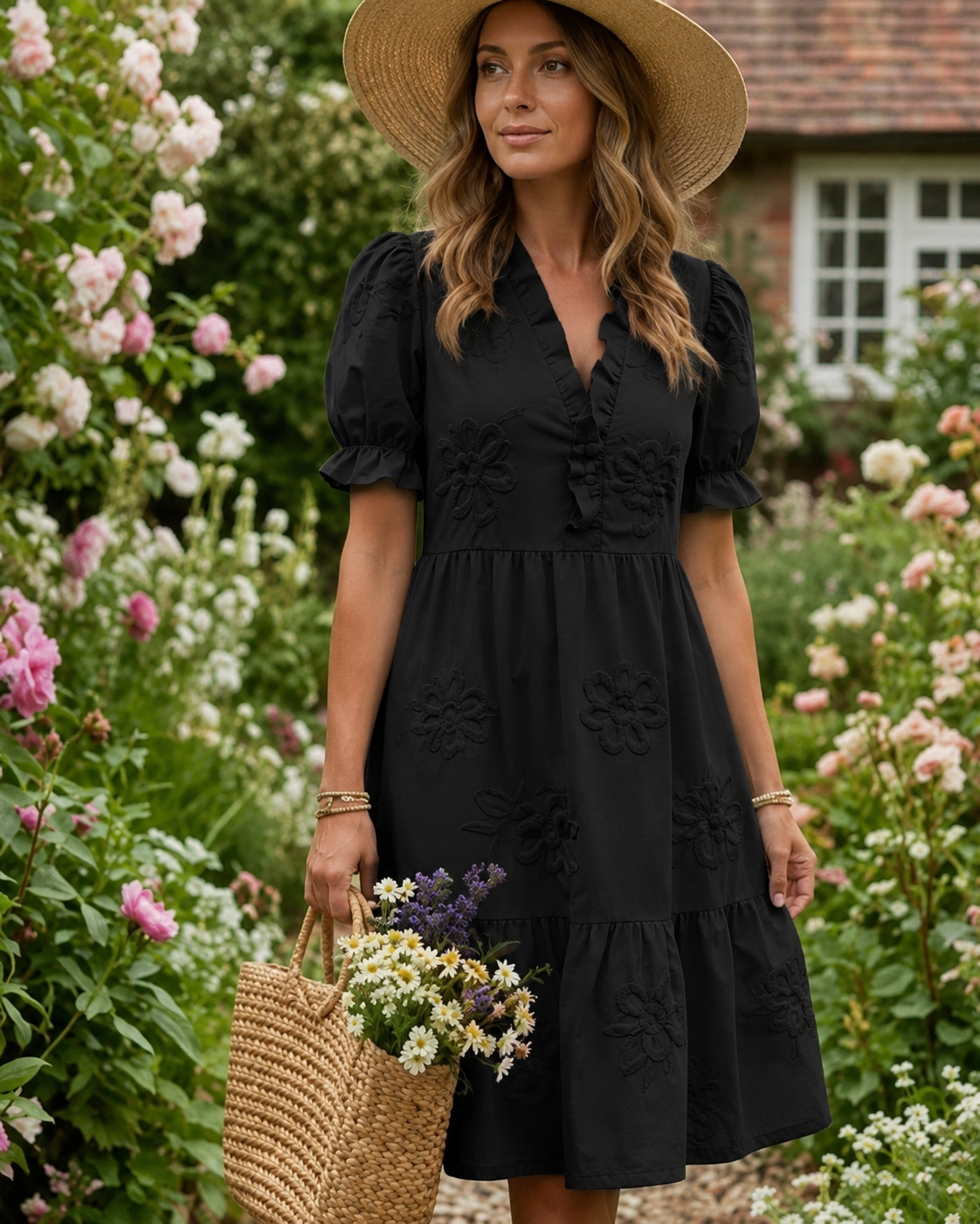 Women's Floral Embroidered Puff Sleeve Dress
