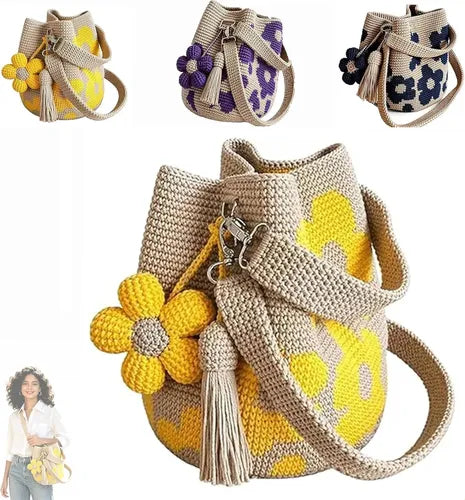 Crochet-Style Floral Bucket Shoulder Bag