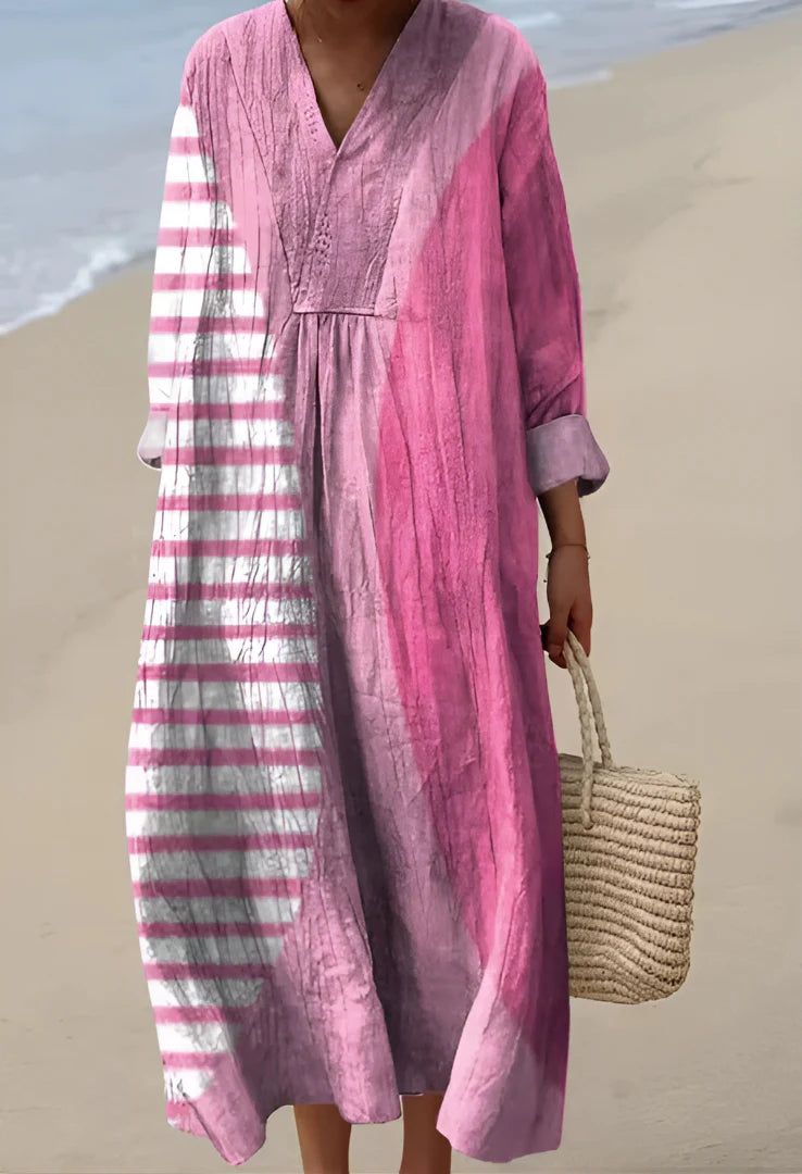 Women's Printed V-Neck Long Sleeve Dress