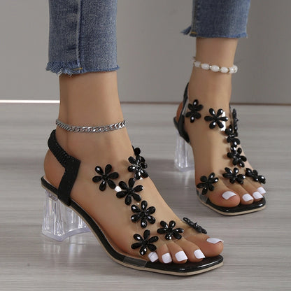 Women's Floral Rhinestone Block Heel Sandals