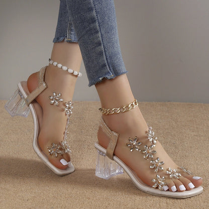 Women's Floral Rhinestone Block Heel Sandals