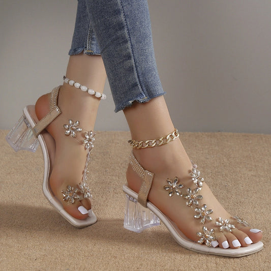 Women's Floral Rhinestone Block Heel Sandals