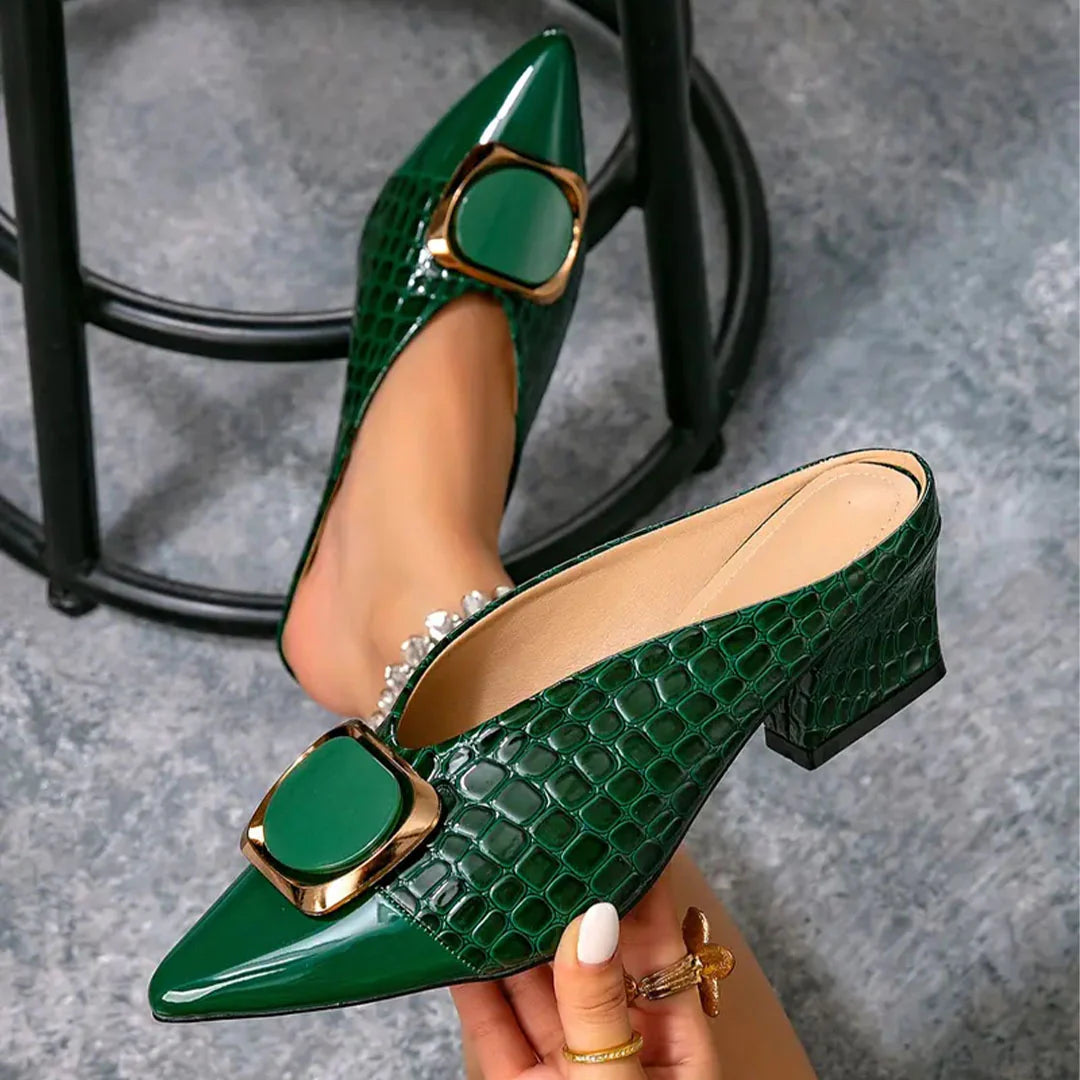 Women's Croc-Embossed Pointed Toe Block Heel Mules