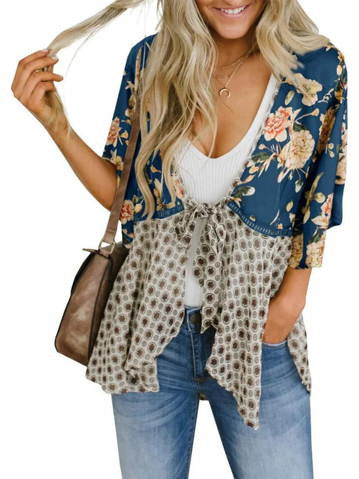 Women's Floral Patchwork Tie-Front Boho Cardigan