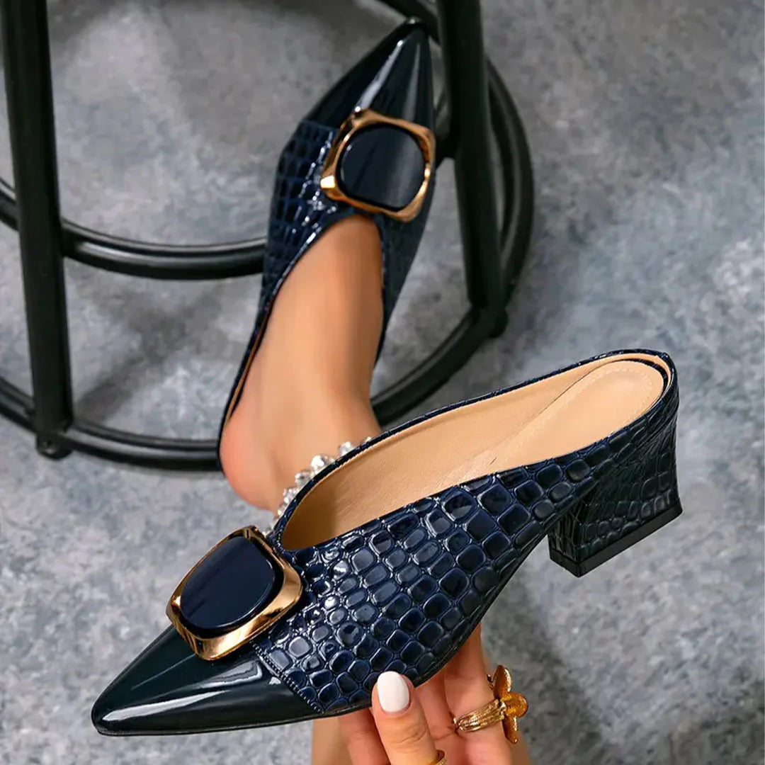 Women's Croc-Embossed Pointed Toe Block Heel Mules