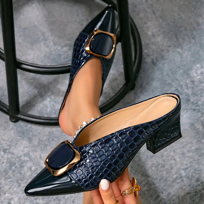 Women's Croc-Embossed Pointed Toe Block Heel Mules