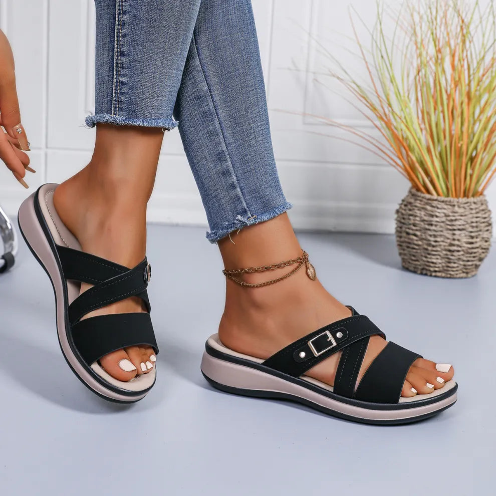 Women's Buckle Cross Strap Platform Slide Sandals
