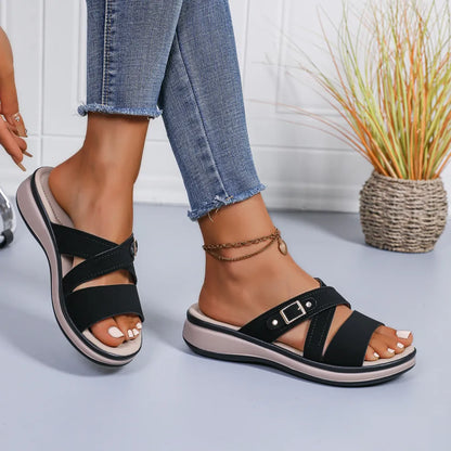 Women's Buckle Cross Strap Platform Slide Sandals