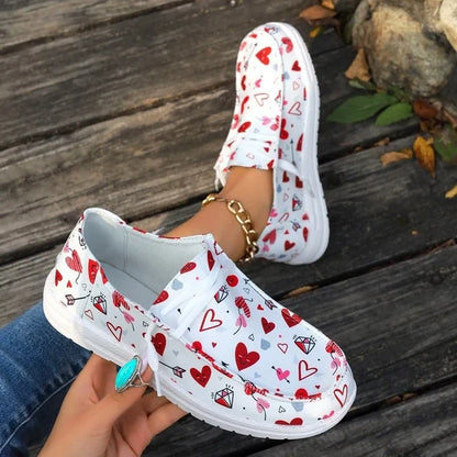 Women’s Heart Print Canvas Slip-On Shoes