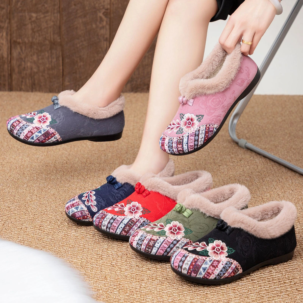 Women's Floral Fuzzy Slip-On Shoes