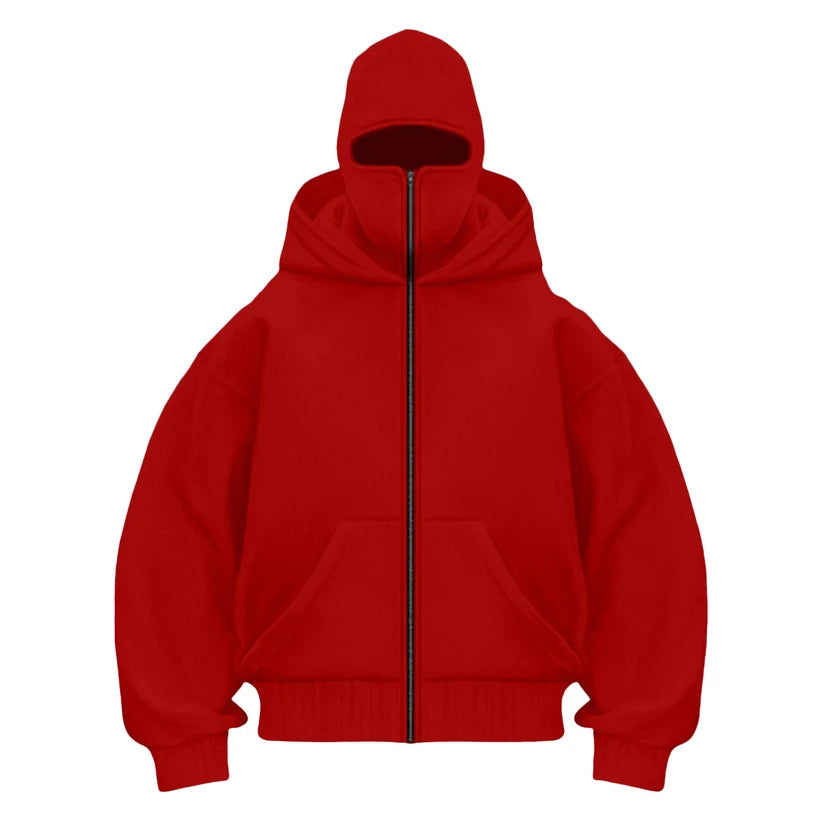 Unisex Zip-Up Hoodie with Face-Covering Hood
