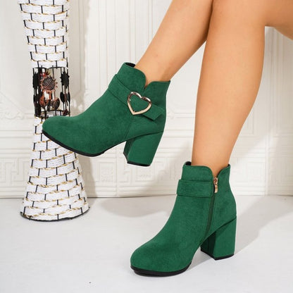 Women's Chunky Heel Ankle Boots with Heart Buckle