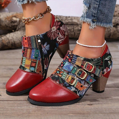 Women's Patterned Lace-Up Block Heel Ankle Boots
