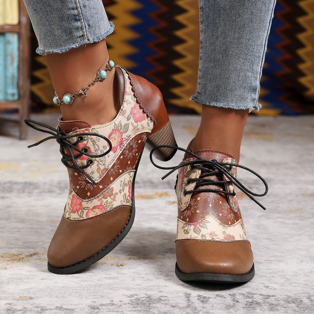 Women's Patterned Lace-Up Block Heel Ankle Boots