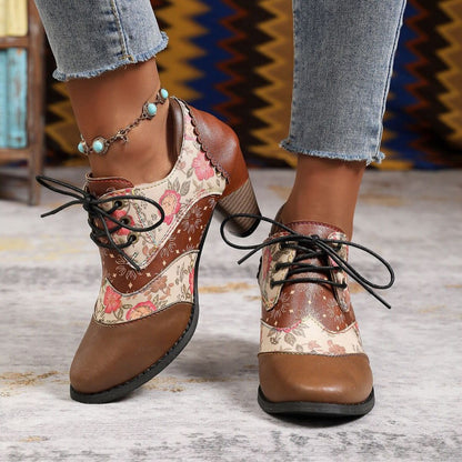 Women's Patterned Lace-Up Block Heel Ankle Boots