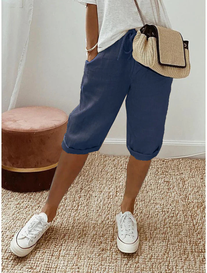 Women's Relaxed Cotton Linen Blend Drawstring Capri Pants