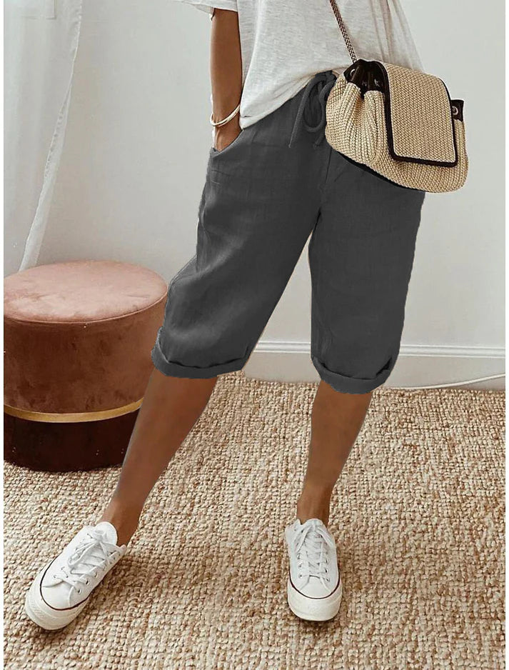 Women's Relaxed Cotton Linen Blend Drawstring Capri Pants