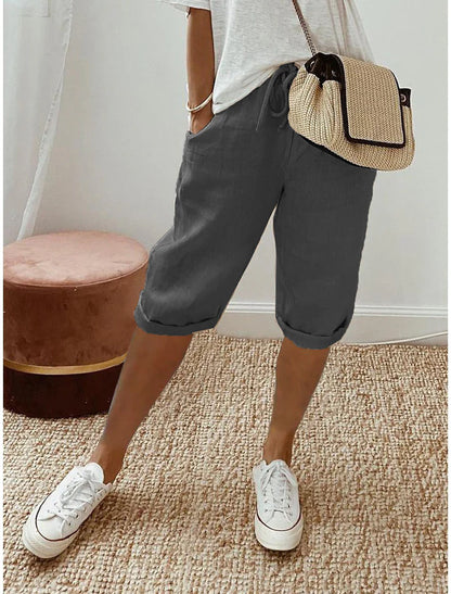 Women's Relaxed Cotton Linen Blend Drawstring Capri Pants
