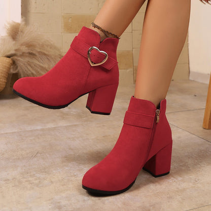 Women's Chunky Heel Ankle Boots with Heart Buckle