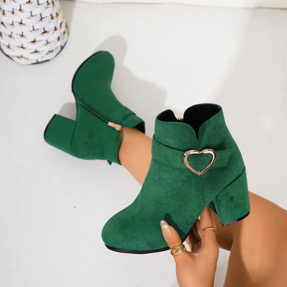 Women's Chunky Heel Ankle Boots with Heart Buckle