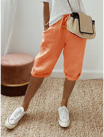 Women's Relaxed Cotton Linen Blend Drawstring Capri Pants