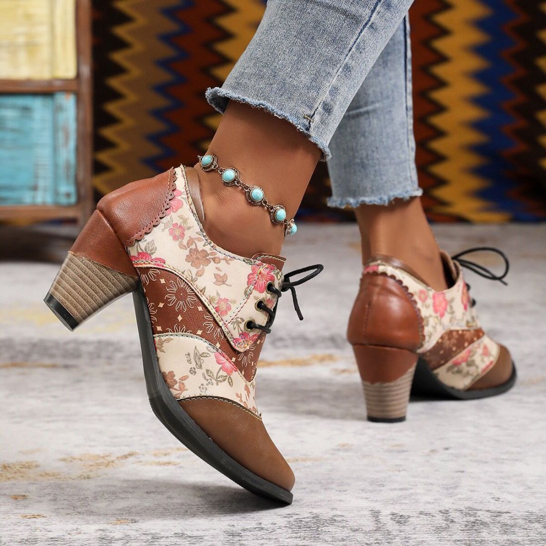Women's Patterned Lace-Up Block Heel Ankle Boots