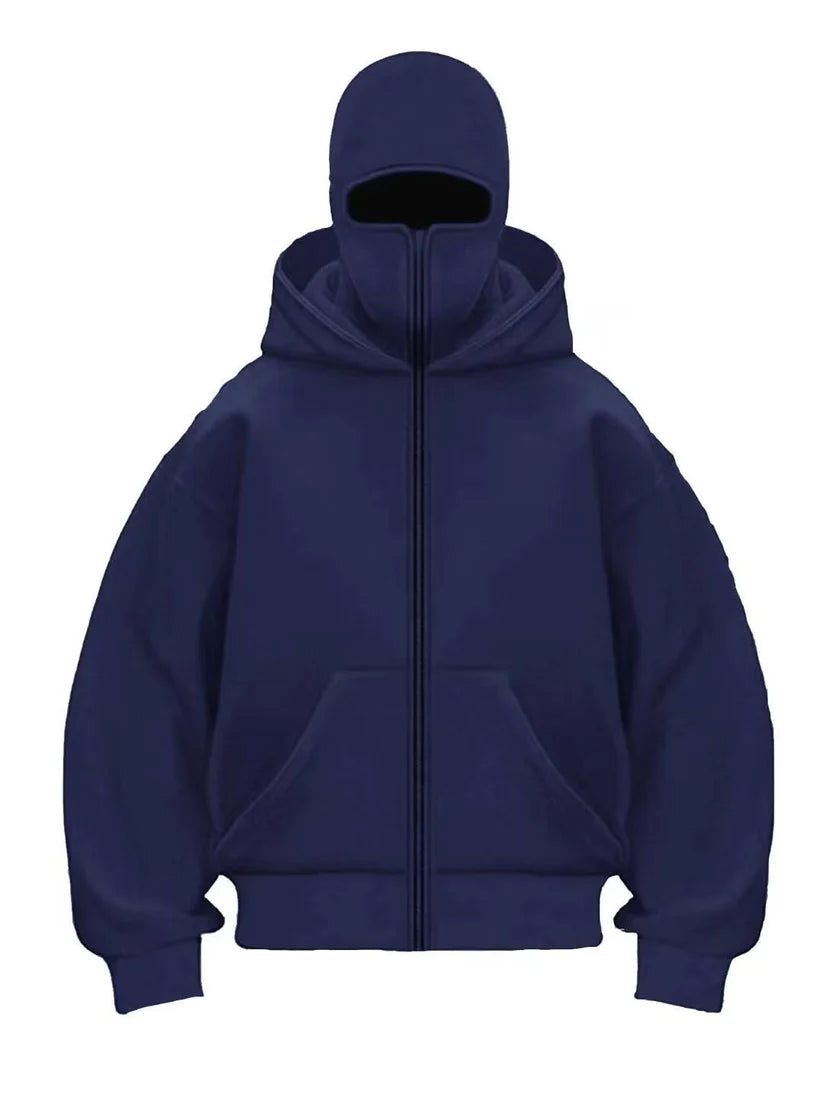 Unisex Zip-Up Hoodie with Face-Covering Hood
