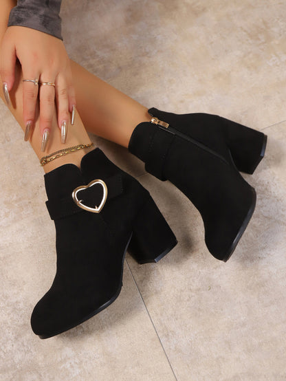 Women's Chunky Heel Ankle Boots with Heart Buckle
