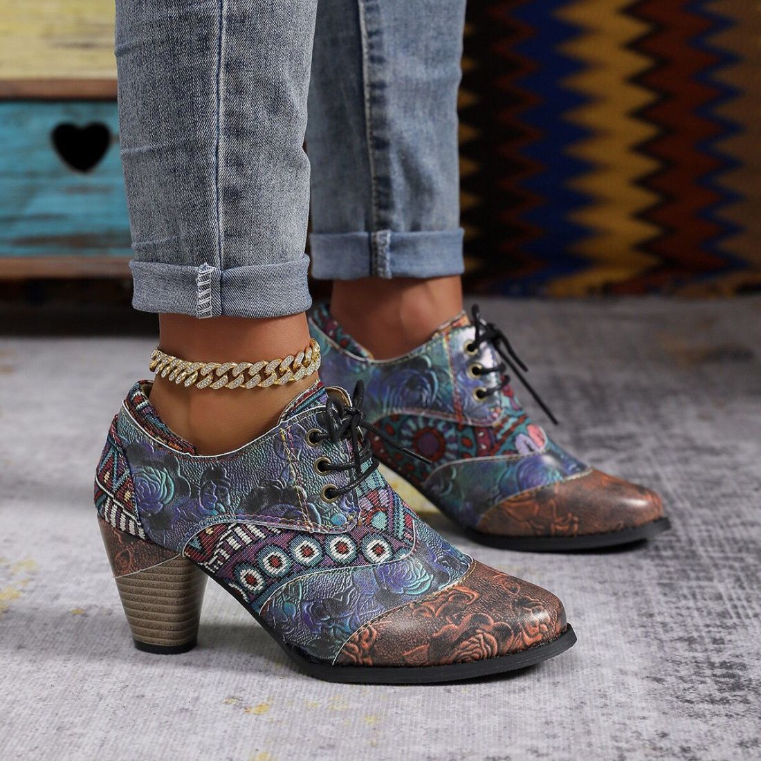 Women's Patterned Lace-Up Block Heel Ankle Boots