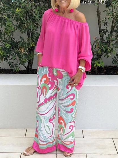 Women's Off-Shoulder Top and Printed Pants Set