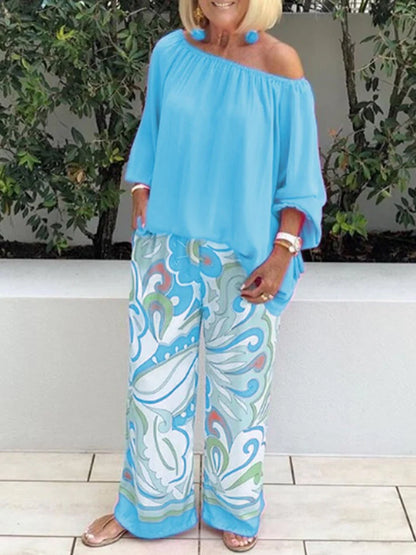 Women's Off-Shoulder Top and Printed Pants Set