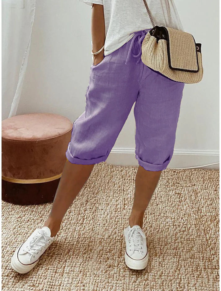 Women's Relaxed Cotton Linen Blend Drawstring Capri Pants