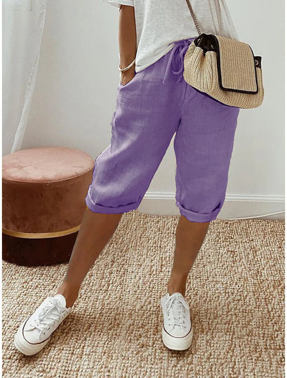 Women's Relaxed Cotton Linen Blend Drawstring Capri Pants