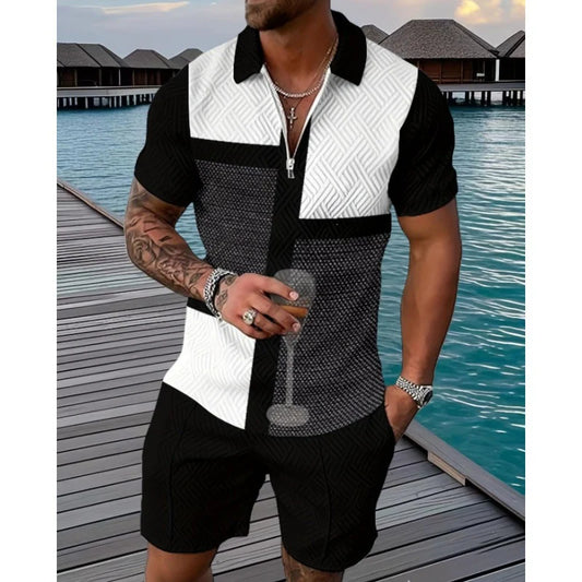 Men's Color Block Polo Shirt and Shorts 2-Piece Set