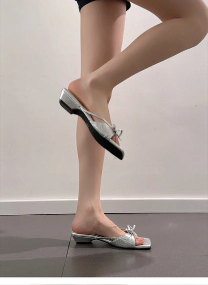 Women's Bow Square-Toe Slide Sandals