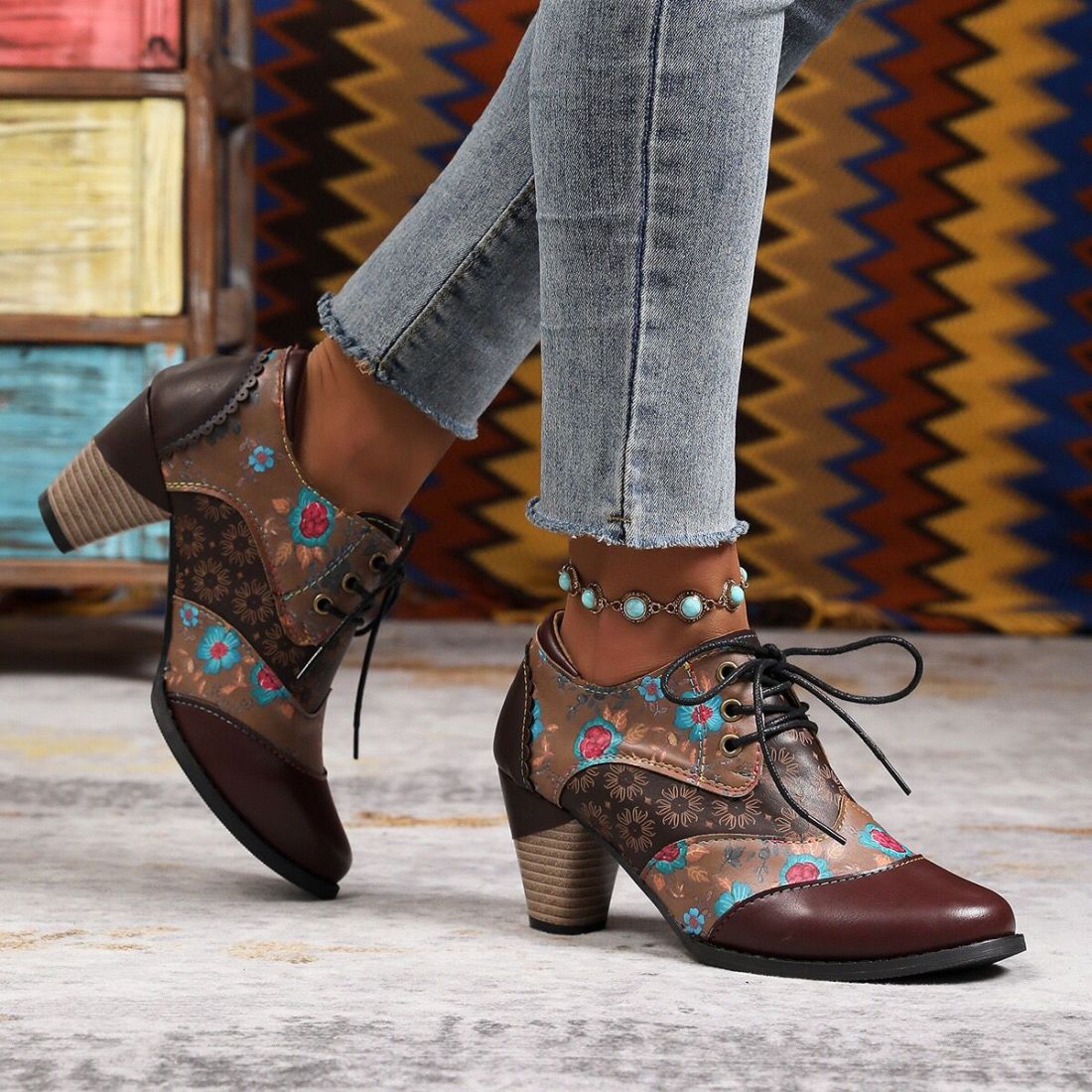 Women's Patterned Lace-Up Block Heel Ankle Boots