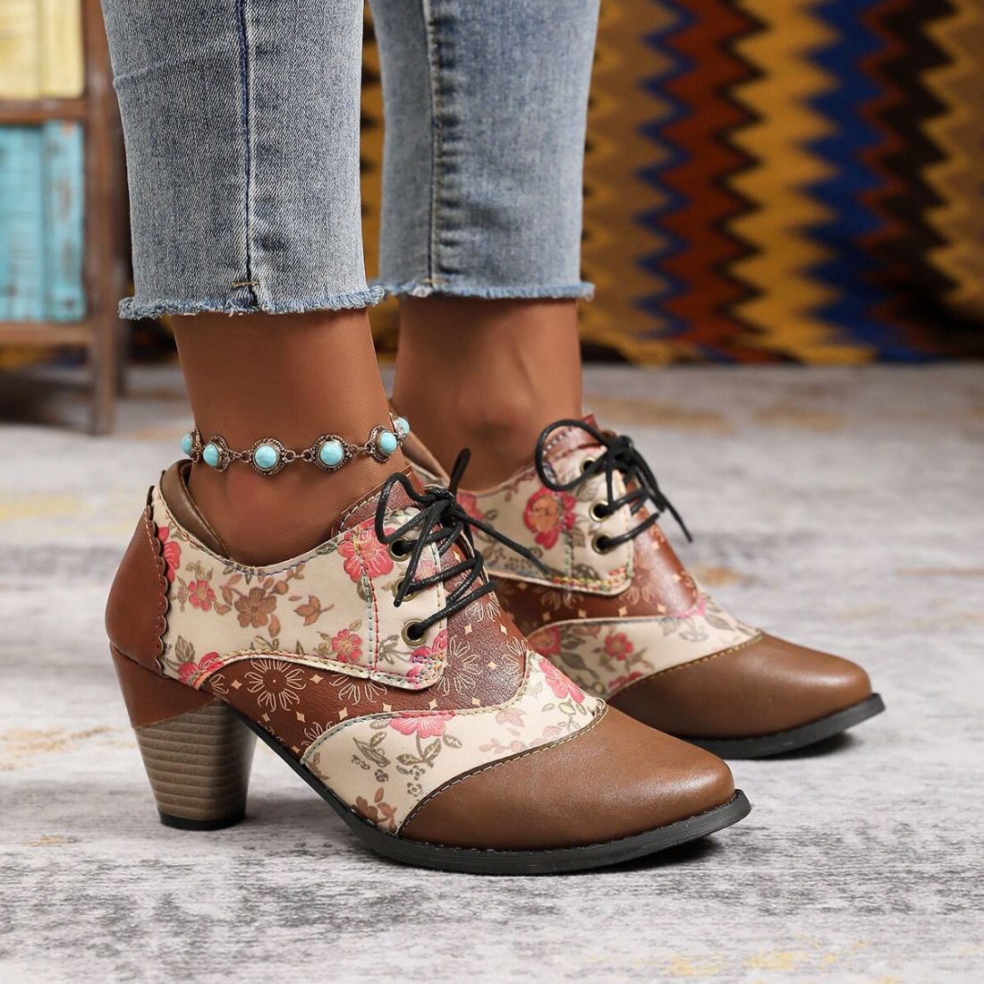 Women's Patterned Lace-Up Block Heel Ankle Boots