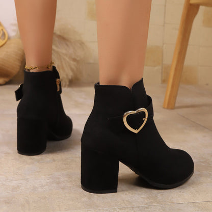 Women's Chunky Heel Ankle Boots with Heart Buckle