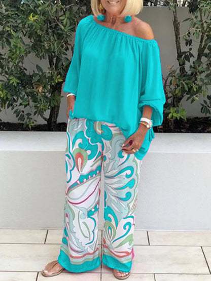 Women's Off-Shoulder Top and Printed Pants Set