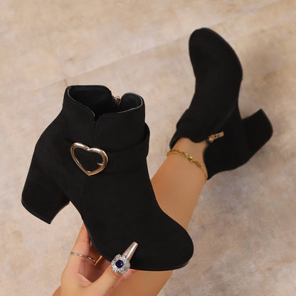 Women's Chunky Heel Ankle Boots with Heart Buckle