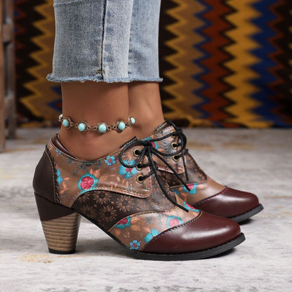 Women's Patterned Lace-Up Block Heel Ankle Boots