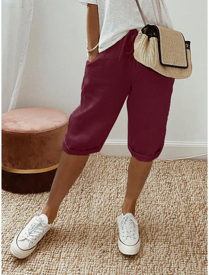 Women's Relaxed Cotton Linen Blend Drawstring Capri Pants