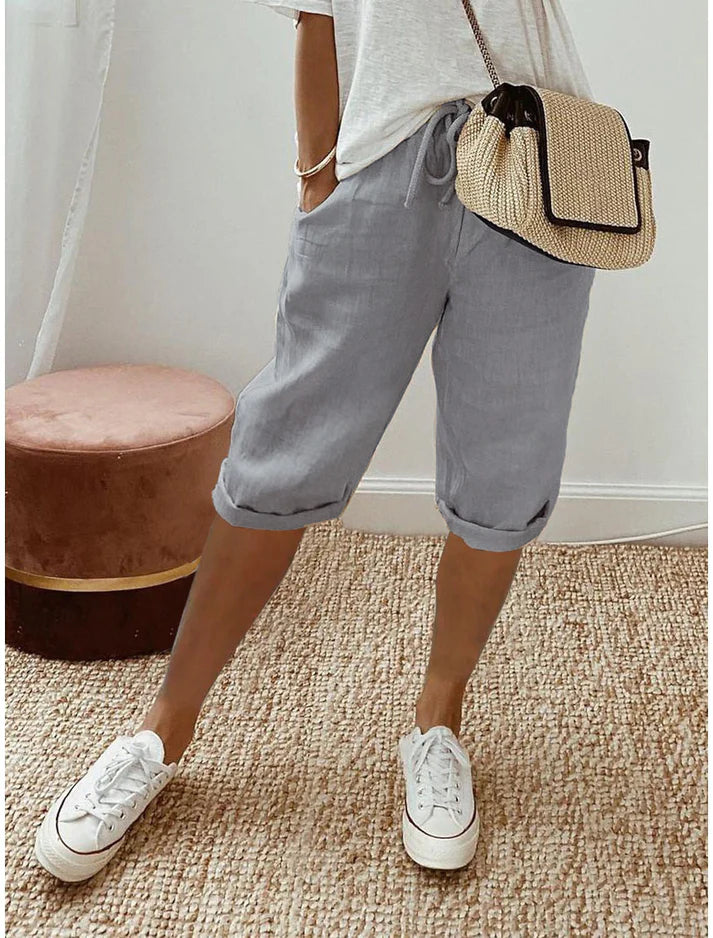Women's Relaxed Cotton Linen Blend Drawstring Capri Pants