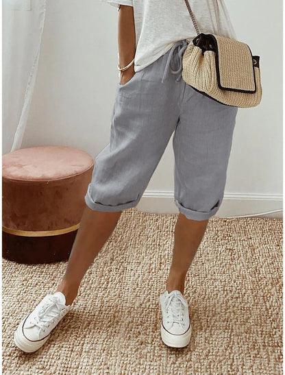 Women's Relaxed Cotton Linen Blend Drawstring Capri Pants