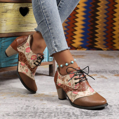 Women's Patterned Lace-Up Block Heel Ankle Boots